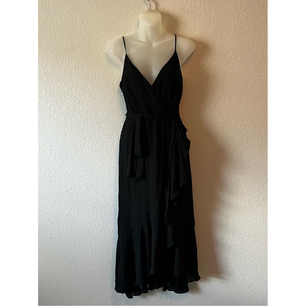 J Crew Black Ruffled Maxi Dress 0 Tie Waist Faux Wrap V Neck